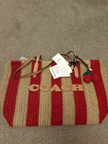 Coach red beige striped straw